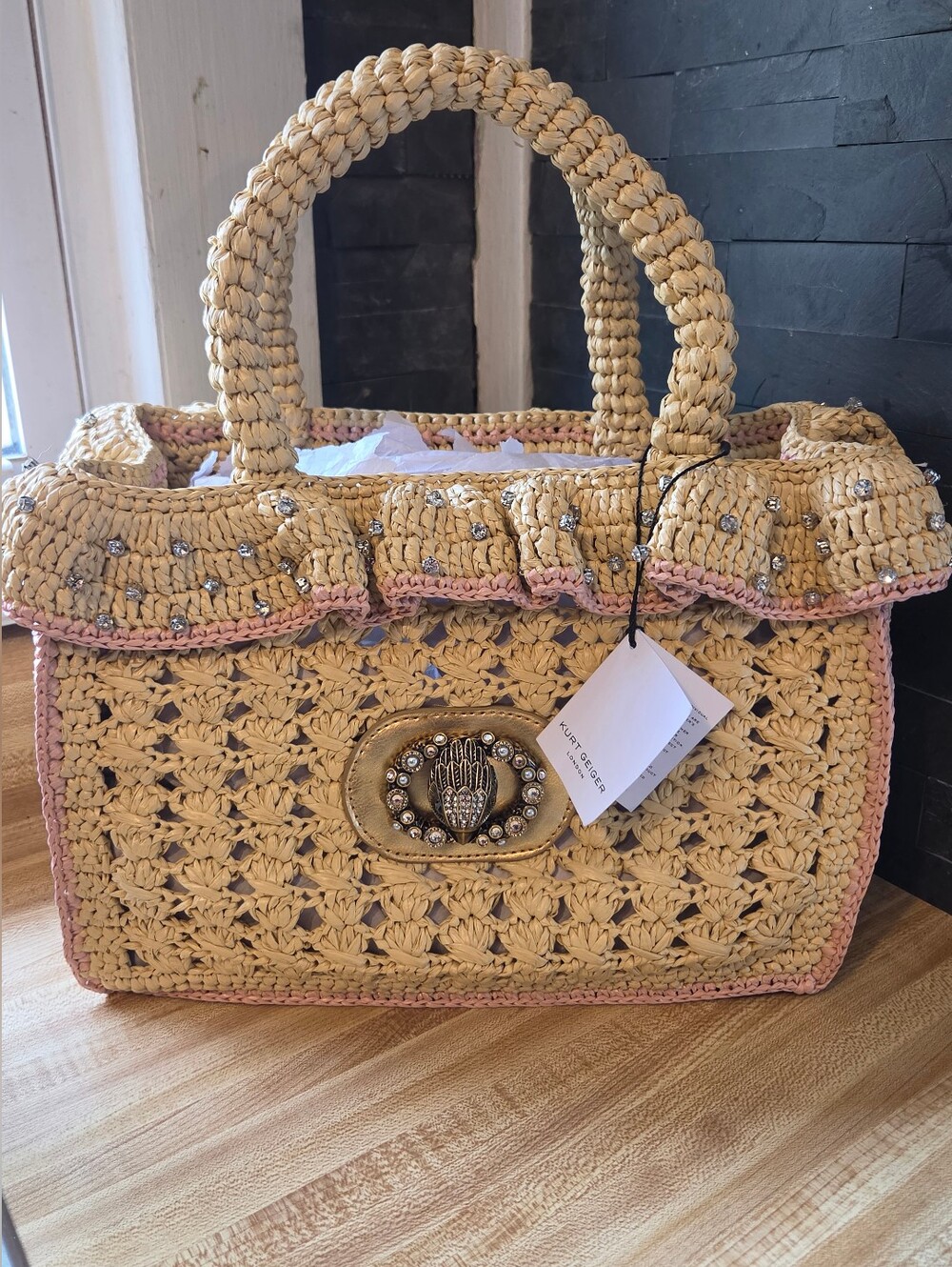 Kurt Geiger Straw Crochet Tote with Pink Trim and Gold Hardware - Picture 2 of 8